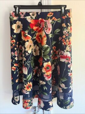 Faith and Joy Navy Floral A-Line Skirt with Multi-Colored Blooms